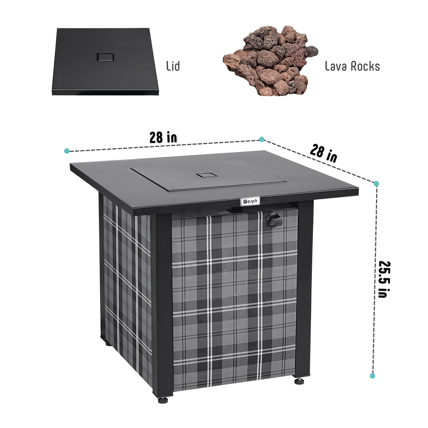 Werph 28 in Propane Fire Pit Table, ETL-Certified Fire Table with Lava Rocks for Patio Deck Garden Courtyard, 50,000 BTU Square Fire Pit Table with Lid, Black