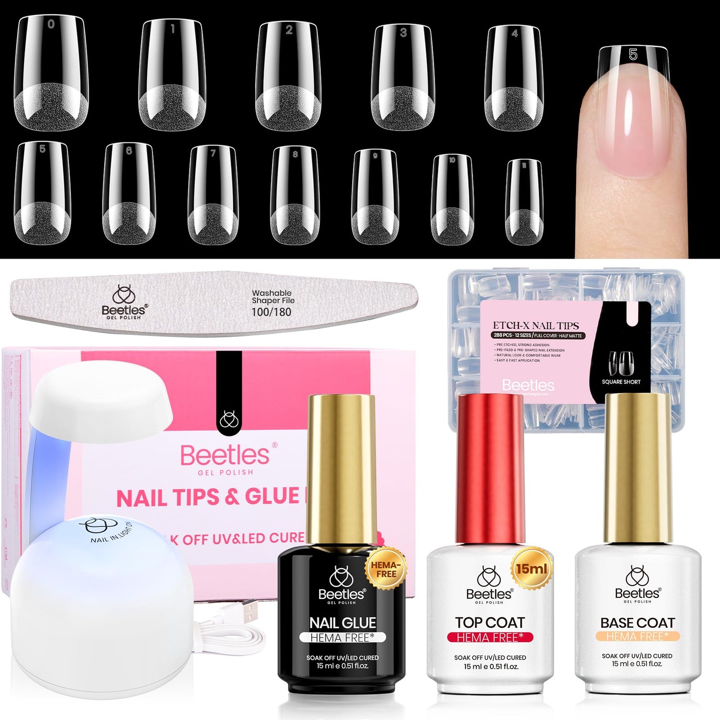 Beetles Gel Nail Kit Etch-X, Square Short, 288pcs 12 Sizes Nail Tips, 3Pcs 15ml HEMA-Free Nail Glue Top Coat & Base Gel Set, with Mini Lamp, Press On Nail, Long Lasting Extension DIY Set at Home