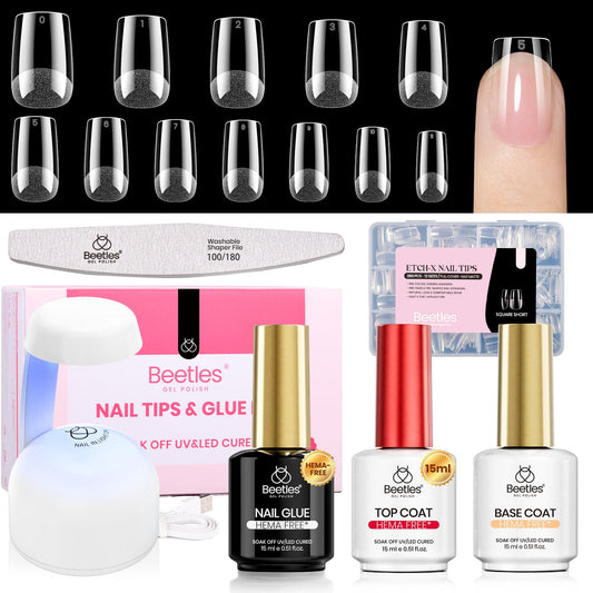 Beetles Gel Nail Kit Etch-X, Square Short, 288pcs 12 Sizes Nail Tips, 3Pcs 15ml HEMA-Free Nail Glue Top Coat & Base Gel Set, with Mini Lamp, Press On Nail, Long Lasting Extension DIY Set at Home