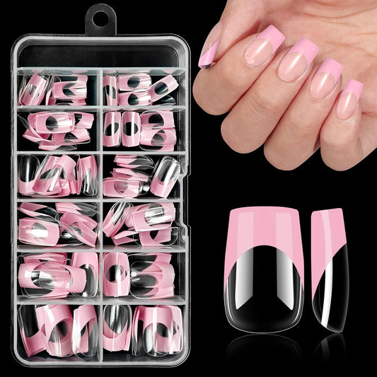 Bellelfin Pink French Tip Press on nails Short Square Fake Nails, 120PCS Square Nail Tips Short French Tip Nails, Clear Acrylic Nail Press on Full Cover False Nail