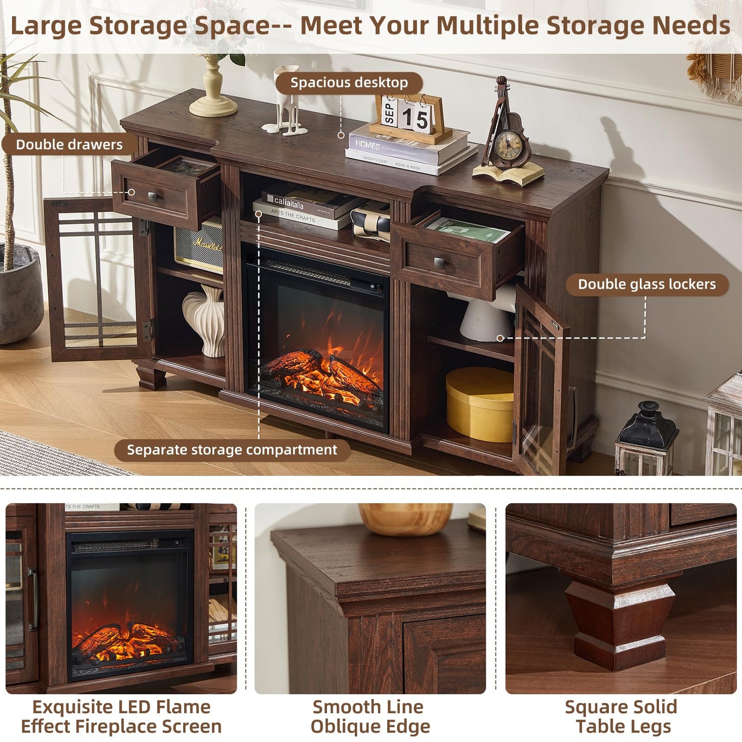 SAVOR LIFE 52" Fireplace TV Stand with 18”Silent Electric Fireplace, Farmhouse Entertainment Center for TVs up to 65", 2 Drawers TV Console with Glass Door Cabinet, Walnut TVs Cabinet for Living Room