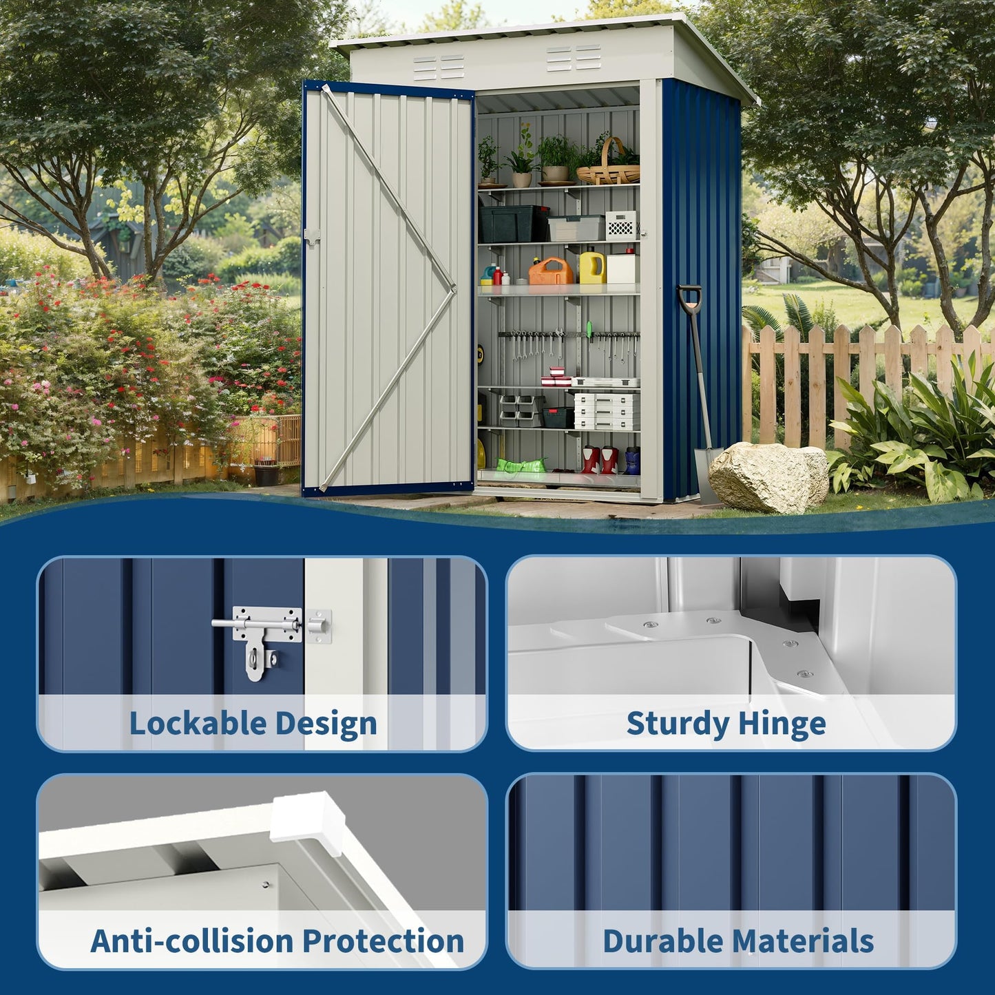 IDEAHOUSE 5x3FT Galvanized Steel Outdoor Storage Shed, Weather-Resistant Tool Organizer with Lockable Door & Sloped Roof, Perfect for Garden, Patio, Backyard & Lawn Equipment Storage