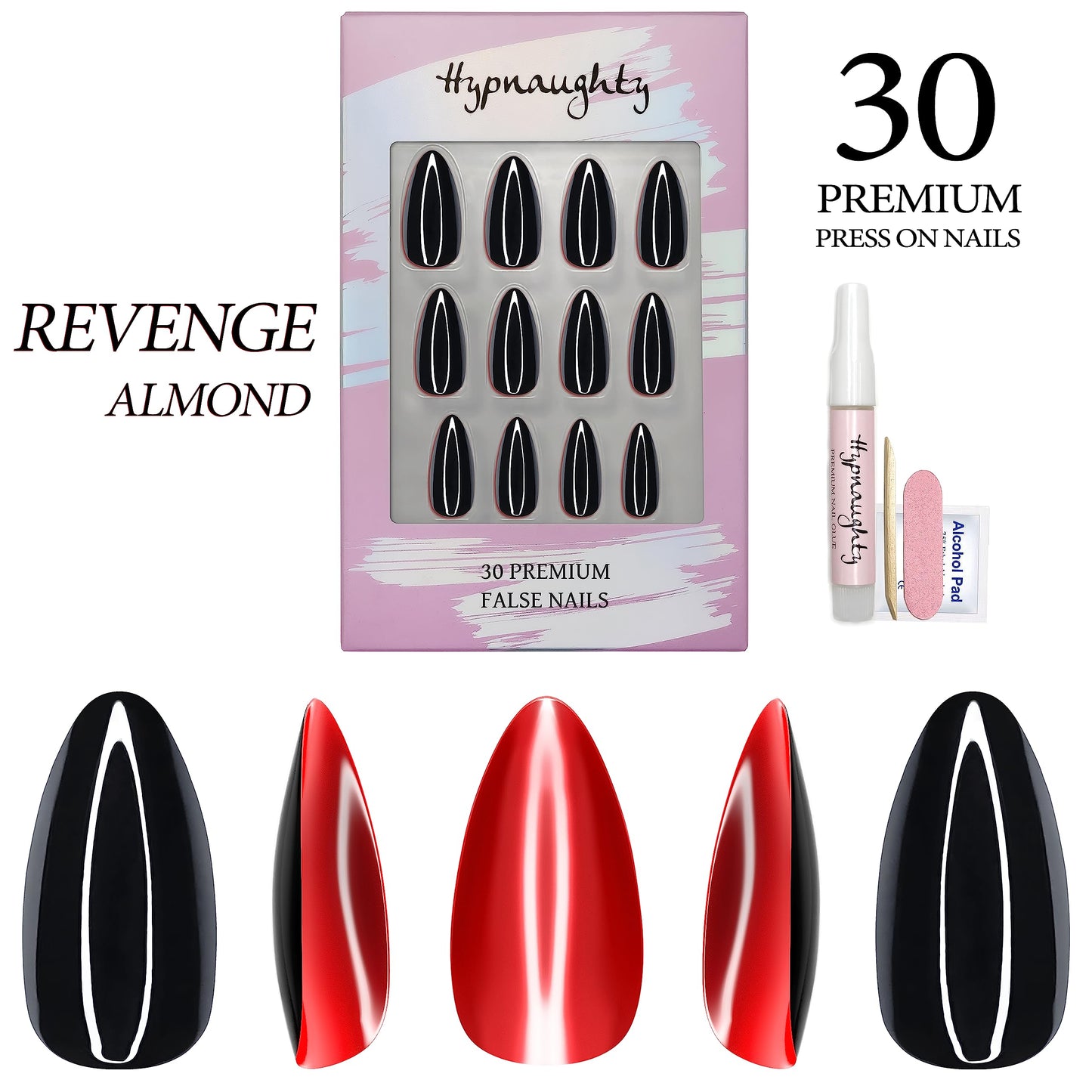 Hypnaughty 30 Pcs Revenge Almond Black Glossy Press On Nails With Bright Red Gloss Underneath & Nail Kit With Glue (Revenge Almond)