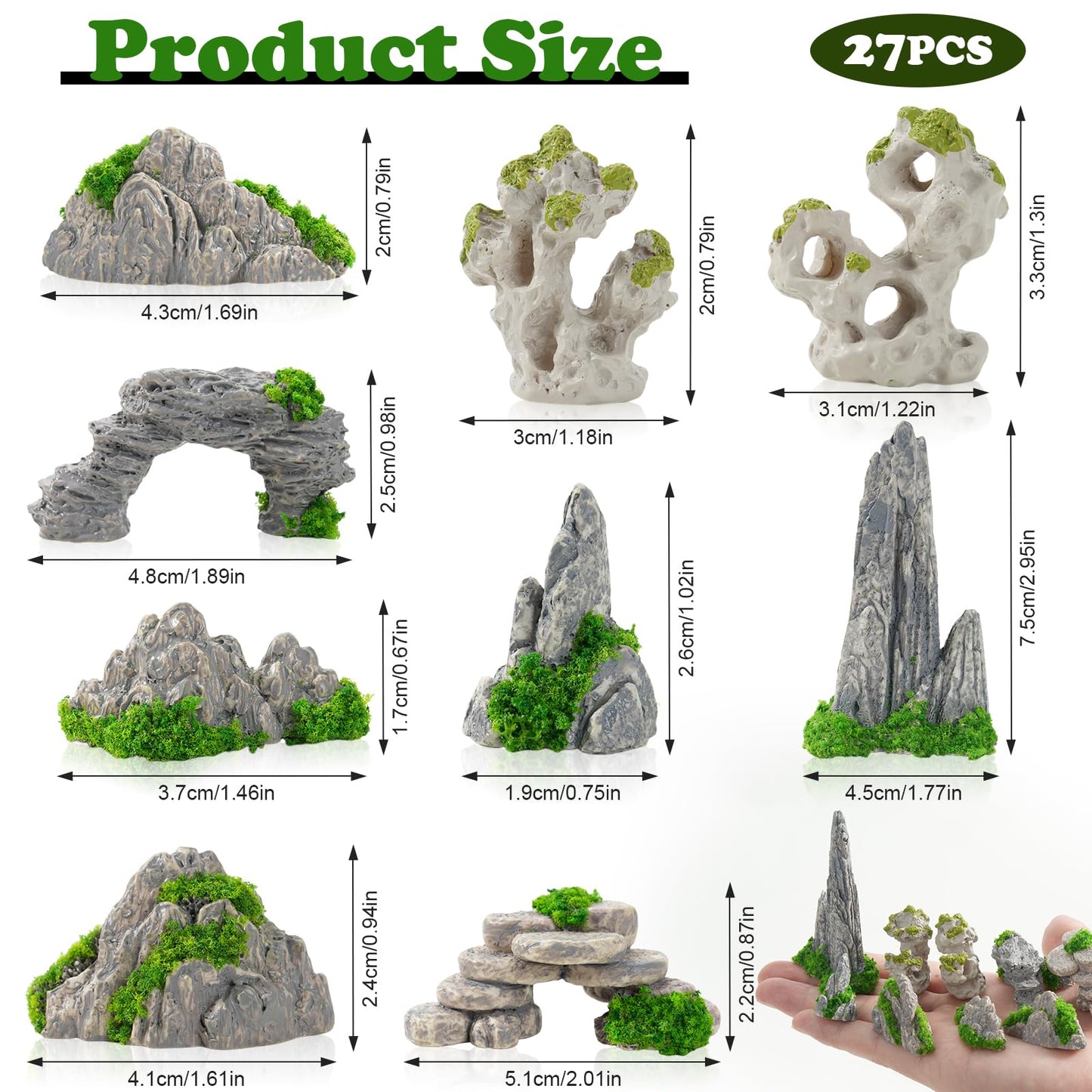 FCKLVMC 27 Pcs 9 Styles Zen Garden Accessories, Miniature Rockery Decoration Mini Garden Accessories for Micro Landscape Decoration Bonsai Ornament Plant Pot