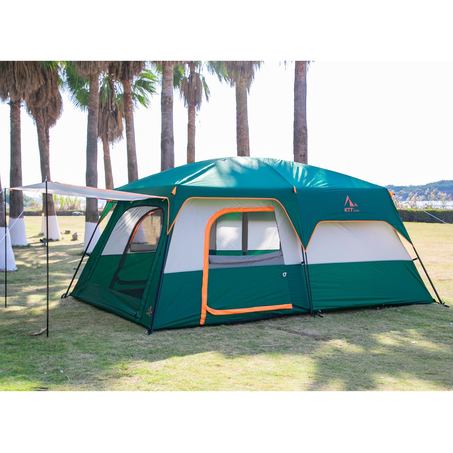 KTT Extra Large Tent 10-12 Person(B),Family Cabin Tents,2 Rooms,3 Doors and 3 Windows with Mesh,Straight Wall,Waterproof,Double Layer,Big Tent for Outdoor,Picnic,Camping,Family Gathering(Green)