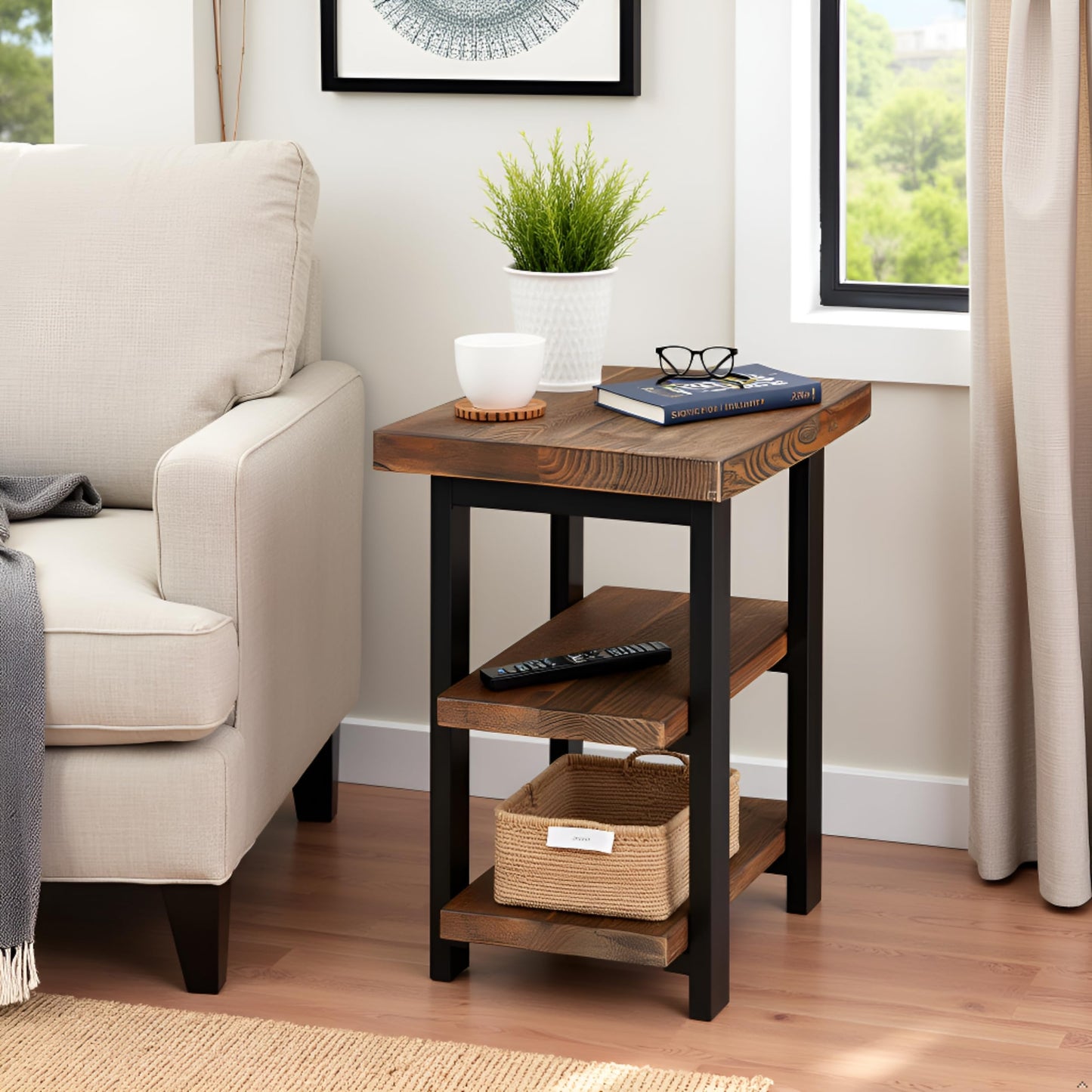 Alaterre Furniture Pomona Living Room 3-Tier Solid Wood End Table with Metal Legs & Storage Shelves – Modern Rustic Industrial Space-Saving Side Table or Nightstand (Rustic Brown)