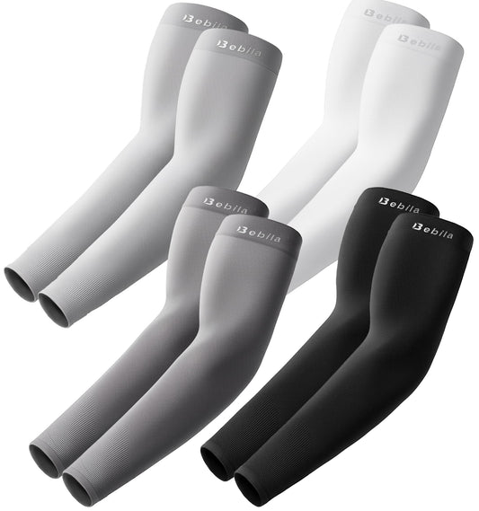 Bebila Arm Sleeves for Men Women, UV Sun Protection Sports Cooling Compression Sleeves for Basketball Golf Outdoor (Black+dark Gray+light Gray+white, Medium)
