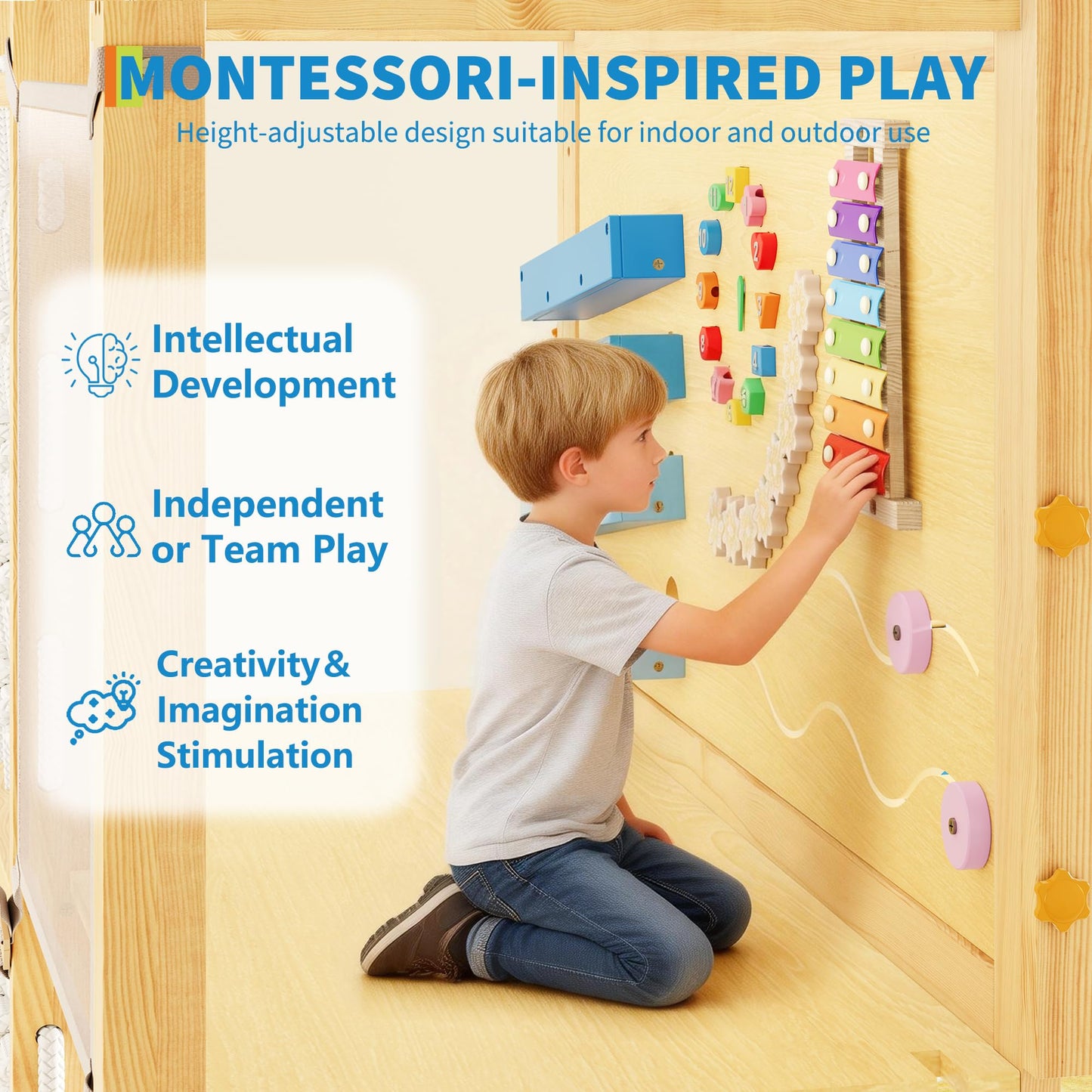 9-IN-1 Outdoor Indoor Jungle Gym, Montessori Wooden indoor playground for kids 2-8, Wooden Climbing Structure with Slide, Monkey Bars, Rope Ladder, Rock Wall, Climbing Net, Rings - Natural Wood Pink