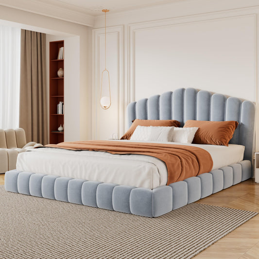 Merax Queen Size Floor Platform Bed Frame,Velvet Upholstered Bedframe with Shell-Shaped Headboard and Cushioning All Around Guards for Bedroom,No Box Spring Needed,Light Blue