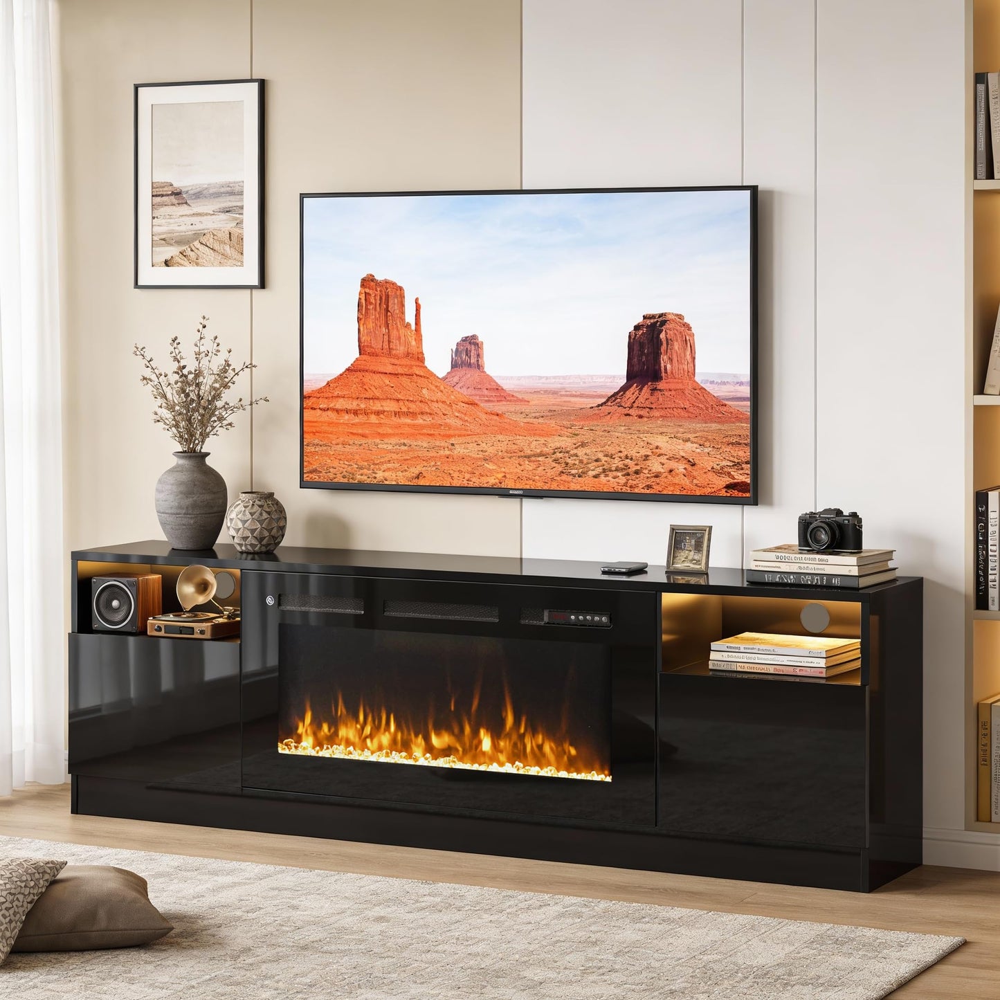 OneBlis 70" Fireplace TV Stand with 36" Electric Fireplace, LED Light Entertainment Center for TVs Up to 80", High-Gloss Door, Modern TV Console for Living Room with Storage Cabinet, Black+Black