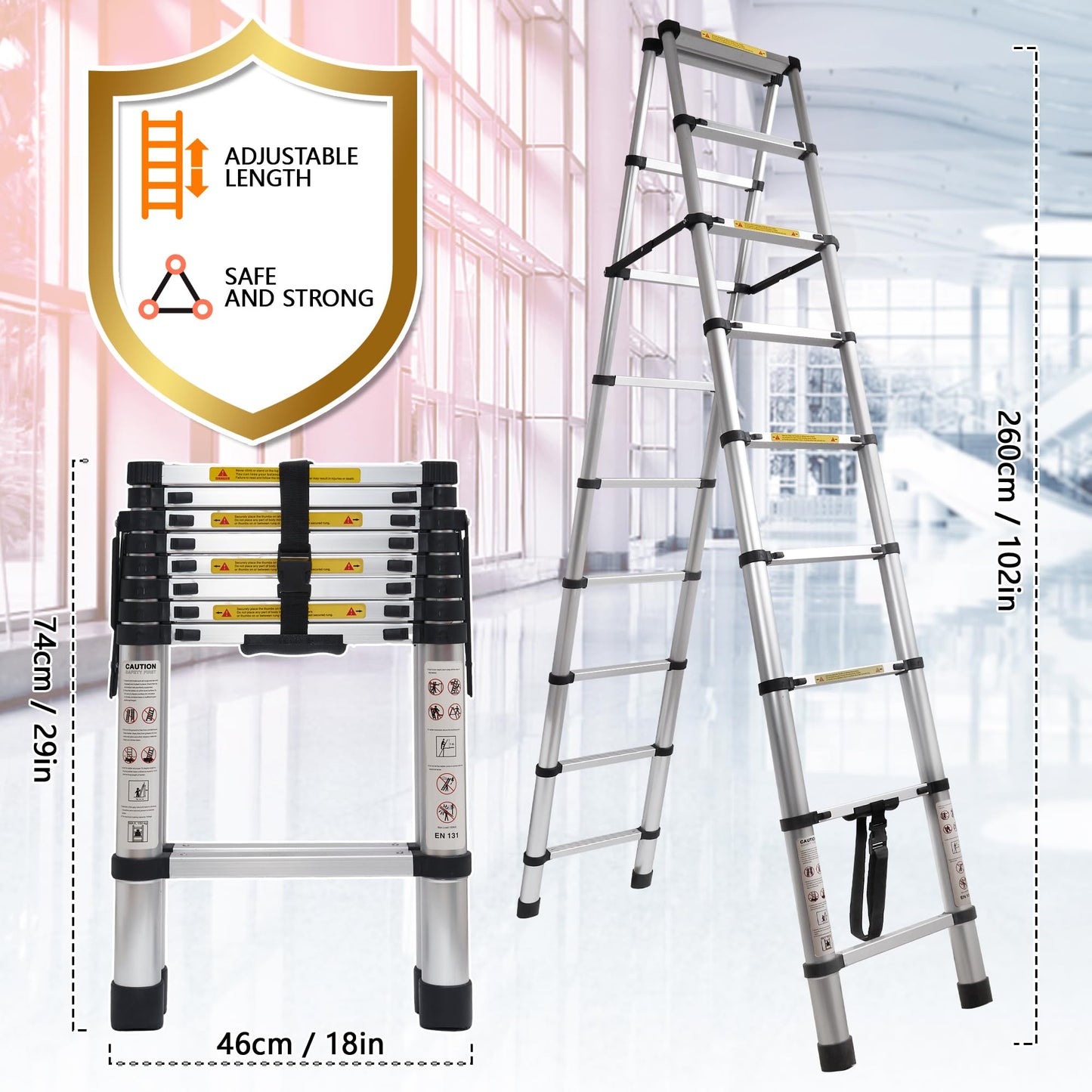 8.53 FT A-Frame Aluminium Telescoping Ladder,9+9 Step Ladder,330LB Load Capacity,Portable Telescopic Folding Extension Ladder Heavy Duty Collapsible (Sliver, 2.6m+2.6m/17FT A Frame)