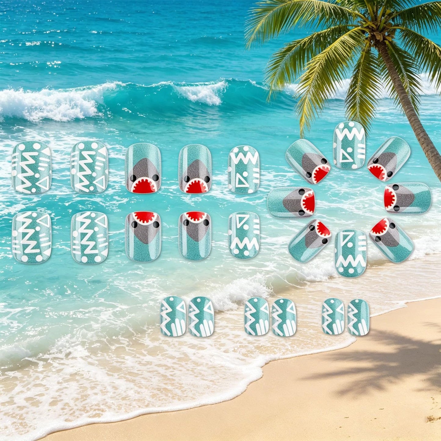 Cute Shark Short Square Press on Nails with Cartoon Design Glossy Blue Fake Nail Tribal Geometric False Nails Summer Glue on Artificial Fingernails Ocean Full Cover Stick on Nail for Women Wear