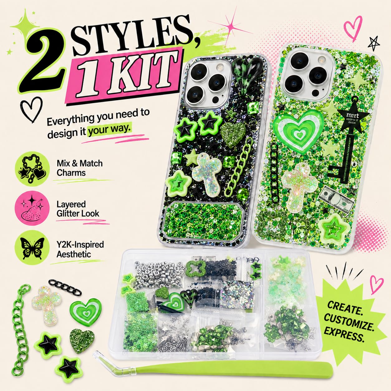 Prdingfy Green DIY Decoration Charms Kit, 3D Resin Flatback Charms with Stars, Starbursts, Flowers, Rhinestones, Moons & Bears for Phone Case Crafts & Nail Art Accessories