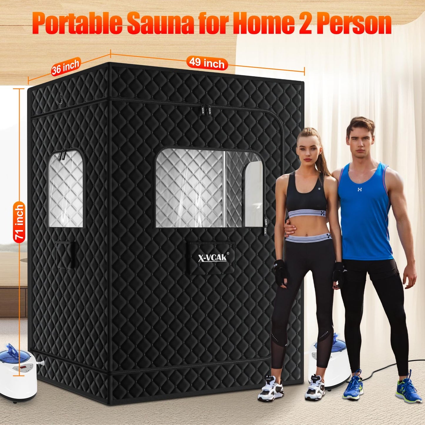 X-Vcak 2 Person Sauna, Extra Large Sauna, Portable Steam Sauna Tent with 2 Steamers, 2 Folding Chair, 71”x 49”x 36”, Black