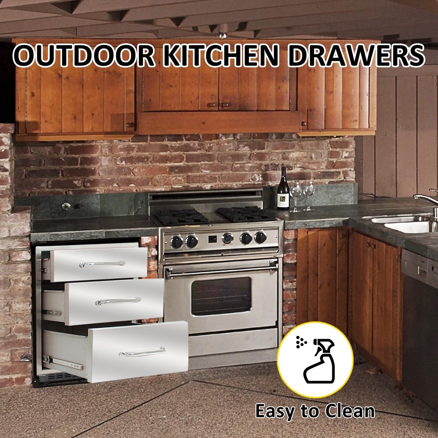 SGOLAN Outdoor Kitchen Drawers 14" W x 21" H x 23" D Flush Mount Triple BBQ Drawers with Chrome Handle Stainless Steel Drawer for Outdoor Kitchen Island, Patio Grill Station