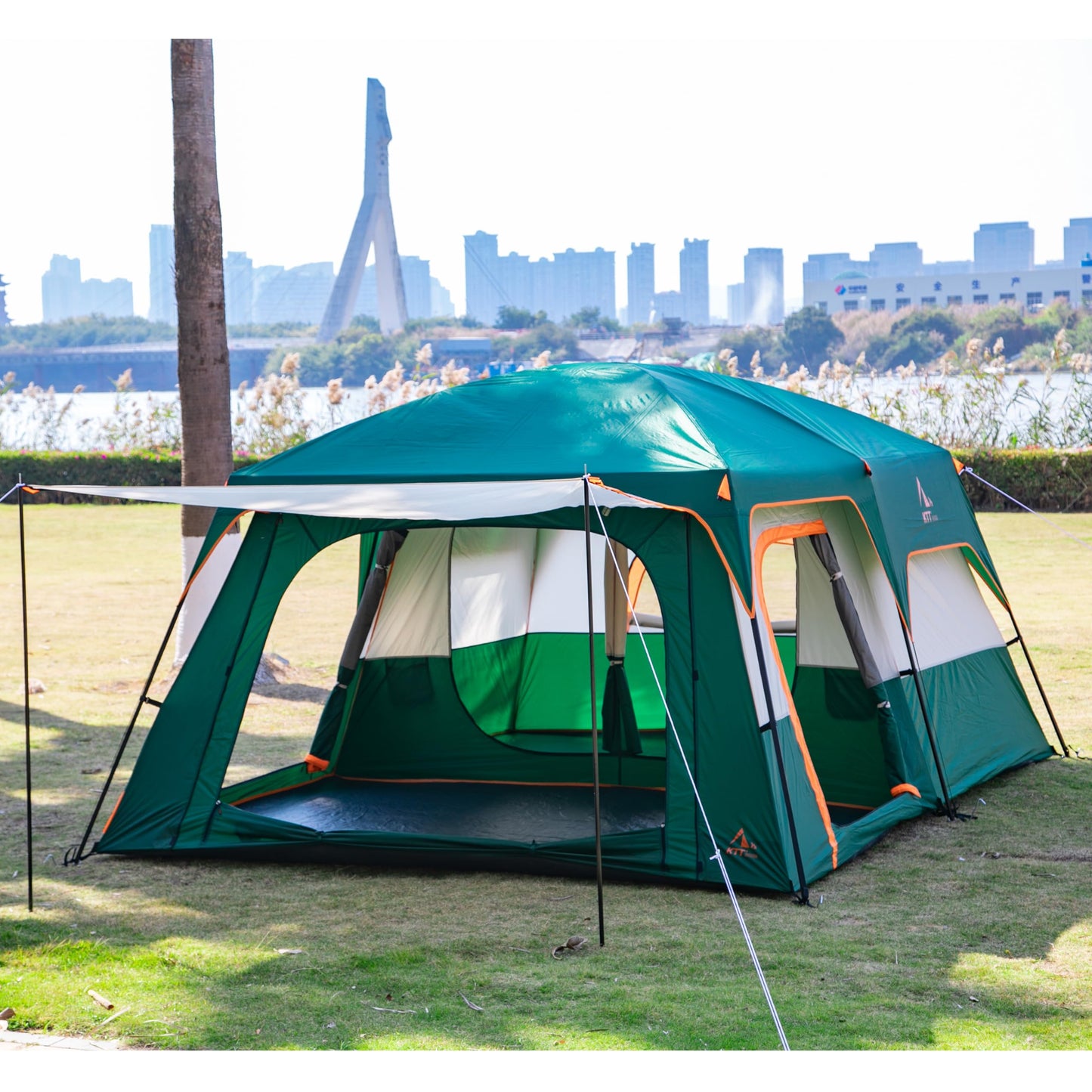 KTT Extra Large Tent 10-12 Person(B),Family Cabin Tents,2 Rooms,3 Doors and 3 Windows with Mesh,Straight Wall,Waterproof,Double Layer,Big Tent for Outdoor,Picnic,Camping,Family Gathering(Green)