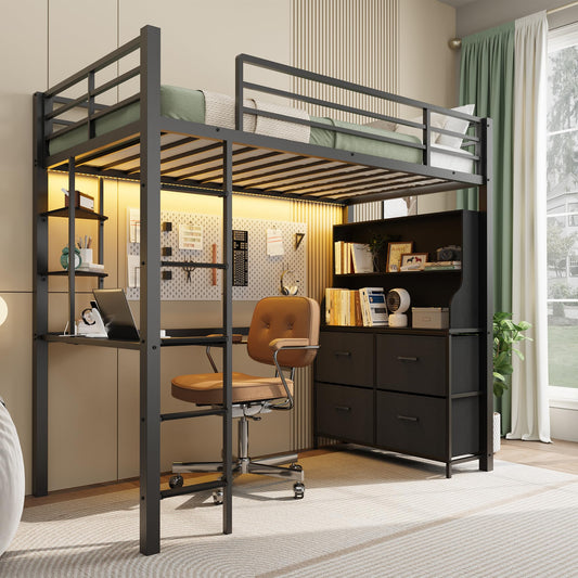 Twin Size Loft Bed with Desk, 4 Large Fabric Drawers and Open Shelves, Heavy Duty Metal Loft Bed with LED Lights, Power Outlets, Safety Guardrails & Ladder, Space Saving, No Box Spring Needed, Black