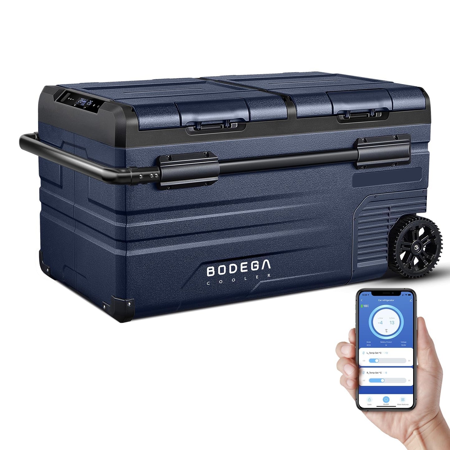 BODEGACOOLER 12V Car Refrigerator,80QT Dual Zone Portable Refrigerator and Freezer with App Control, Electric Cooler for Vehicle & Home Use, Built-in Battery Protection, Wheel & Retractable Handle