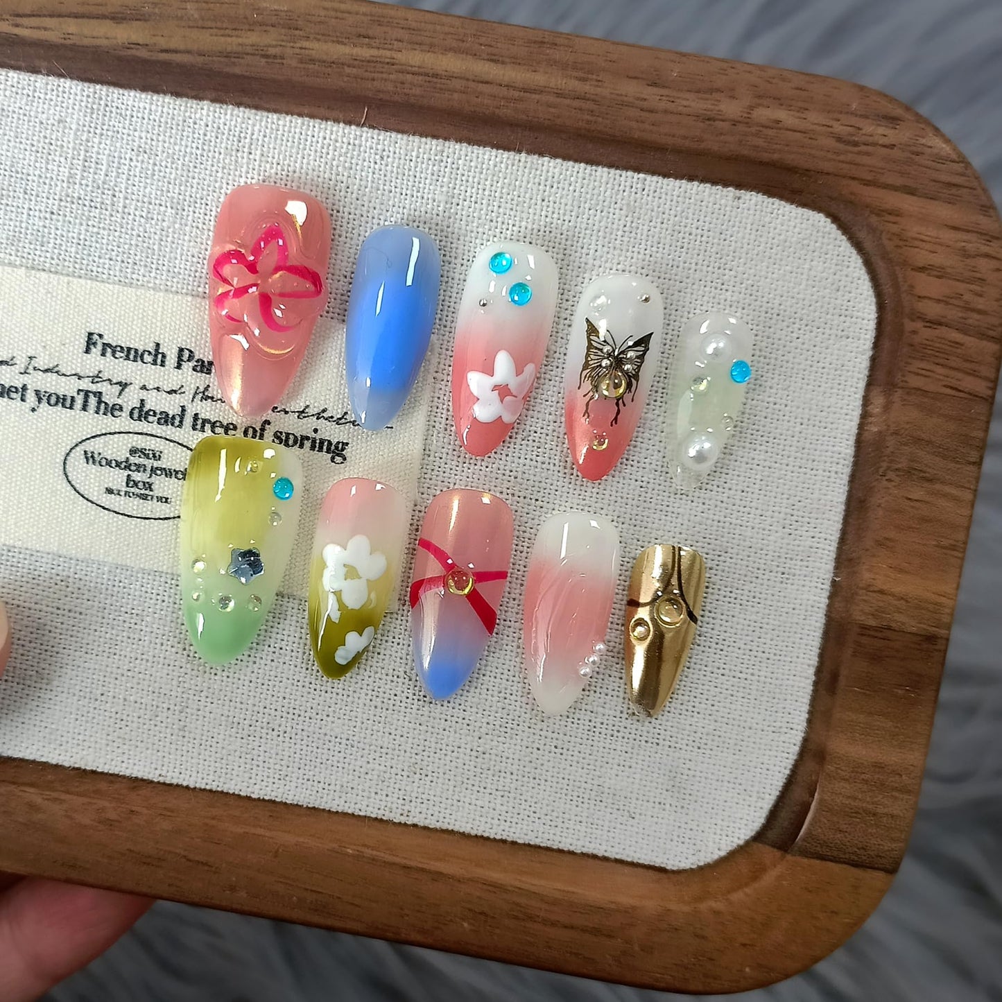 TENPAL Pink Green Purple Nails,Handmade Press on Nails Almond,Glossy Soft Gel Fake Nails Wth Flower Butterfly Designs,Summer False Nails Press Ons,Colorful Acrylic Almond Nails,Medium Size