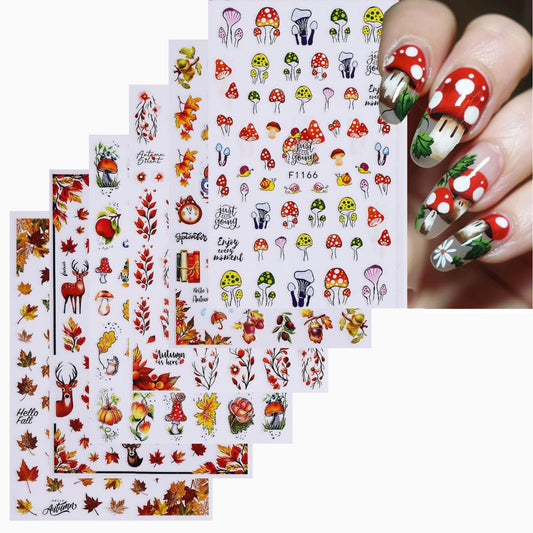 Fall Nail Stickers Mushroom Leaf Nail Art Stickers 3D Self Adhesive Maple Leaves Elk Nail Decals Autumn Thanksgiving Day Nail Art Supplies Orange Yellow Nail Design for Women 6 Sheets