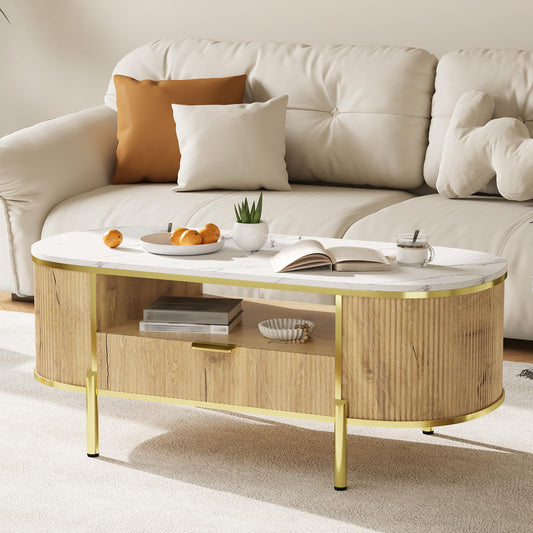 Modern Luxury Oval Coffee Table with Drawer, 48" Fluted Coffee Table with Faux Marble Top, Curved Profile Design, Gold Metal Decor, Center Table for Living Room- Natural Oak