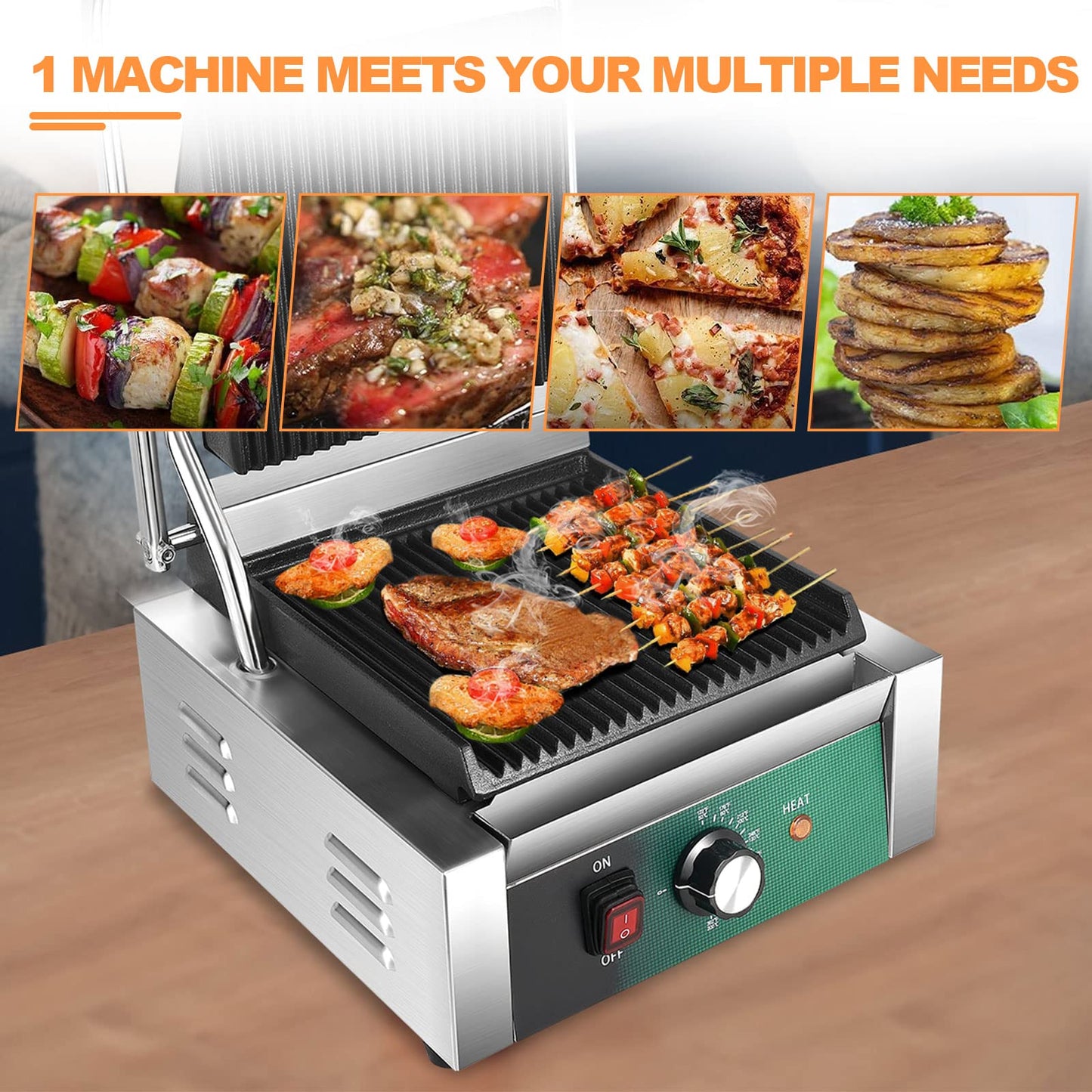 Commercial Panini Press, 2200W Panini Grill Press Sandwich Maker with Non-Stick Grooved Plates and Adjustable Temperature Control, Double-sided Heating Electric Griddle