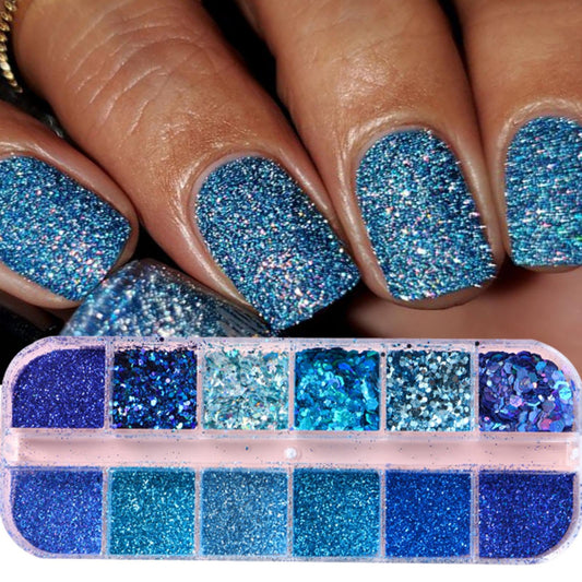 Nail Art Foil Flakes Powder 3D Holographic Nail Art Foil Glitter Sequins Blue Glitter Nails for Women Girls Acrylic Nails DIY Decorations Charms