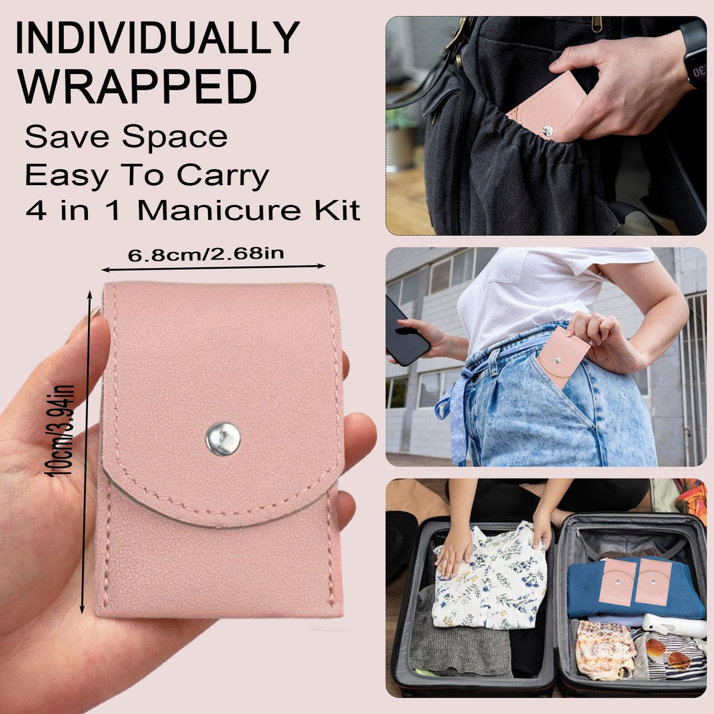 24 Sets Travel Manicure Set Professional Nail Clipper Kit Bulk,4 in 1 Adult Stainless Steel Travel Manicure Kit with Case Individually Wrapped Nail Clippers Bulk for Homeless,Hotel,Charity（Pink）