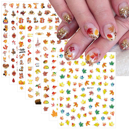8 Sheets Fall Nail Stickers for Nail Art Autumn Thanksgiving Nail Art Stickers 3D Self-Adhesive Pumpkin Turkey Nail Design Stickers Pegatinas Uñas Maple Leaf Nail Decals for Women Girls DIY Manicure