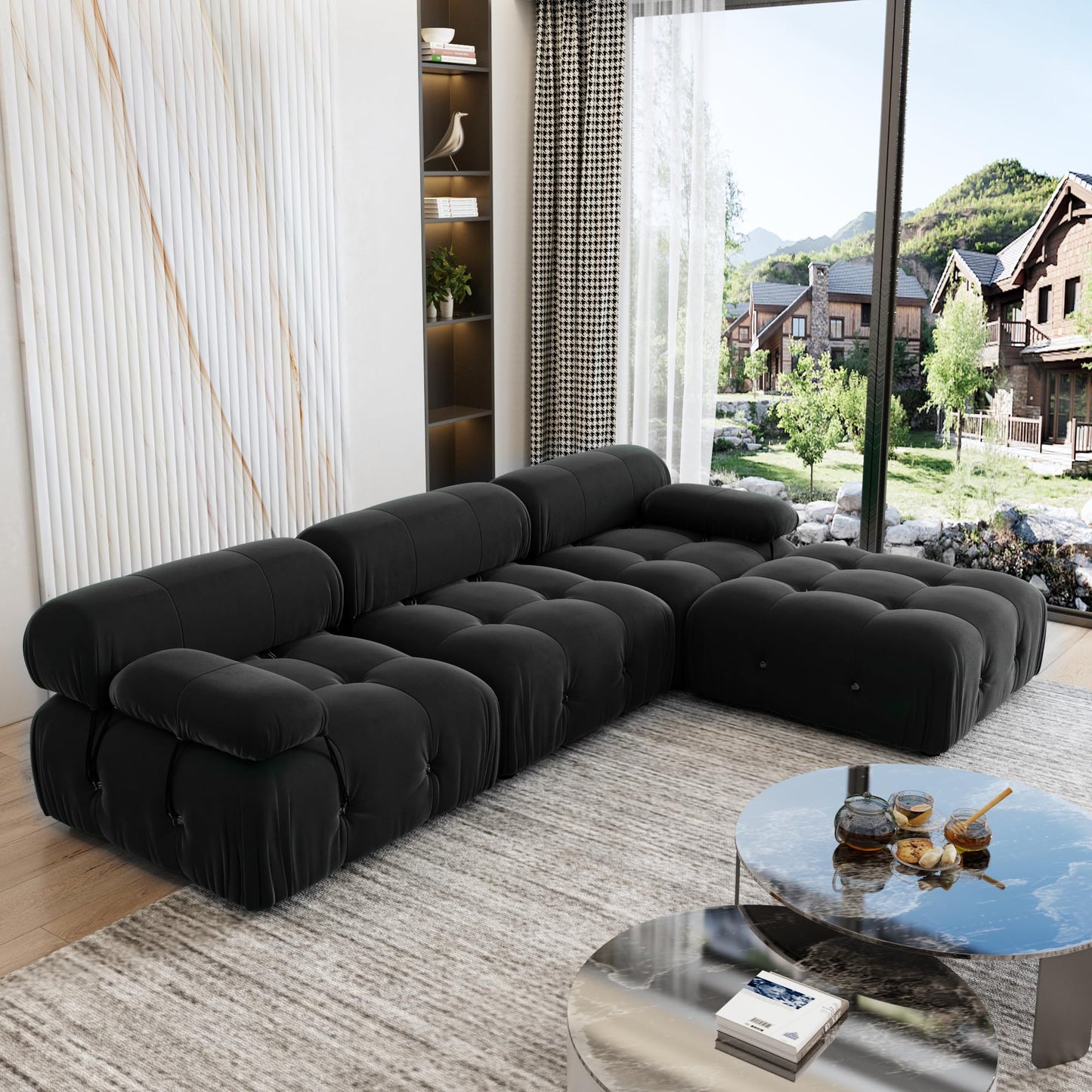 WJShome Modular Sectional Sofa with Ottoman,103.95 inch Convertible Sofa Couch with Reversible Chaise,Velvet L Shaped Minimalist Couch for Living Room, Modern Large Free Combination,Black