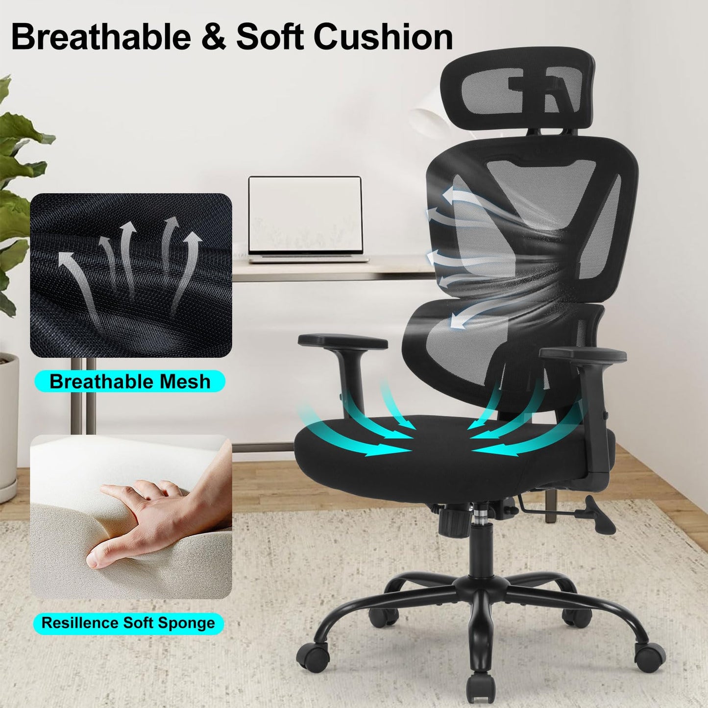 Home Office Chair, Ergonomic Desk Chair with Adjustable Height, Lumbar Support, High Back Mesh Computer Chair with Flip up Armrests, Task Chairs for Home Office - 300lb Executive Chairs (Black)