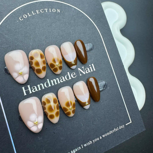 Handmade Press on Nails Medium Almond Handmade Nails with Rhinestone Flower Design Brown False Nails Glossy Leopard Print Nail Press ons Reusable Fall Winter Fake Nail for Women Size M 10Pcs