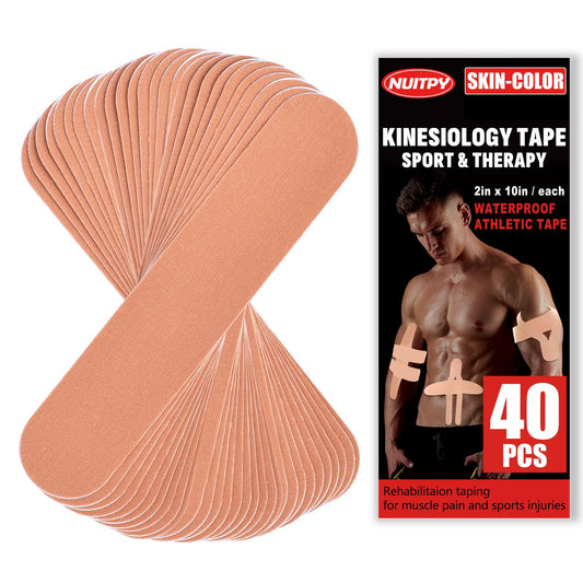 40PCS Precut Kinesiology Tape Strips, 2 inch x 10 inch Athletic Tape, Kinetic Tape, Elastic Muscle Tape, Sports Tape, Knee Tape for Exercise and Daily Use - Skin Color