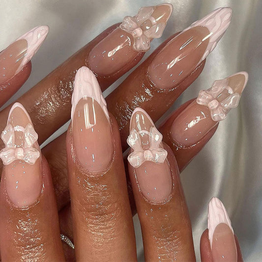 24Pcs Pink Almond Press on Nails Short Medium Fake Nails French Tip False Nails with Bow Design Cute Acrylic Nails Press ons Artificial Nails Glossy Full Cover Glue on Nails Stick on Nails for Women
