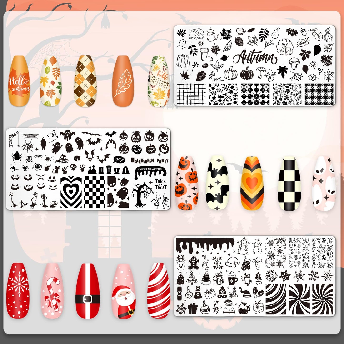 Whaline 6 Pcs All Holiday Nail Art Plates Christmas Valentines StampTemplates Set Winter Fall Nail Plates Stamping for Xmas DIY Print Manicure Salon Design Gift