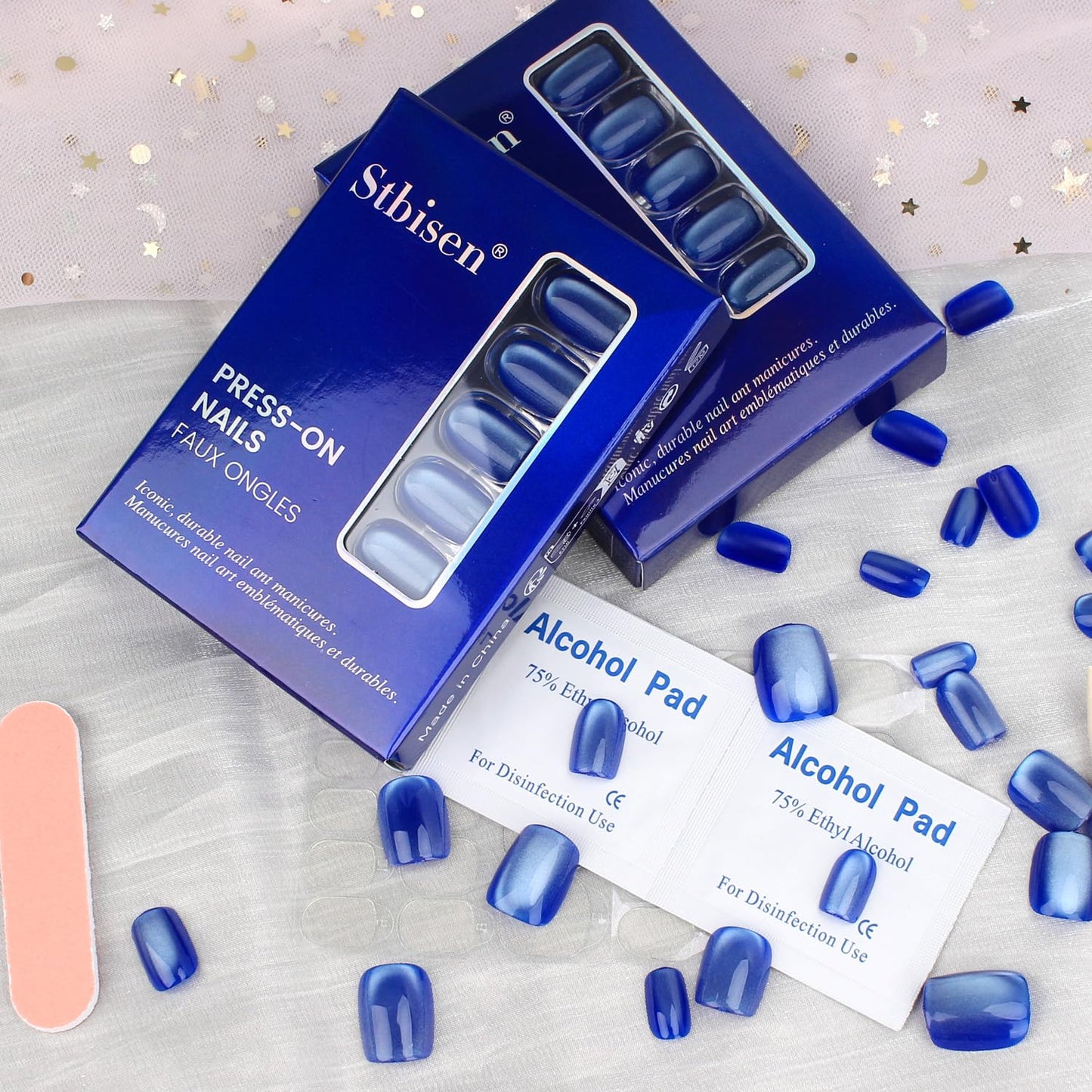 Blue Press on Nails Short Square Ice Blue Cat Eye Press on Nails Fashion Gel Fake Nails Reusable Acrylic Fake Nails Glossy Stick on Nails for Women Girls Gift Glue on Nails Kit