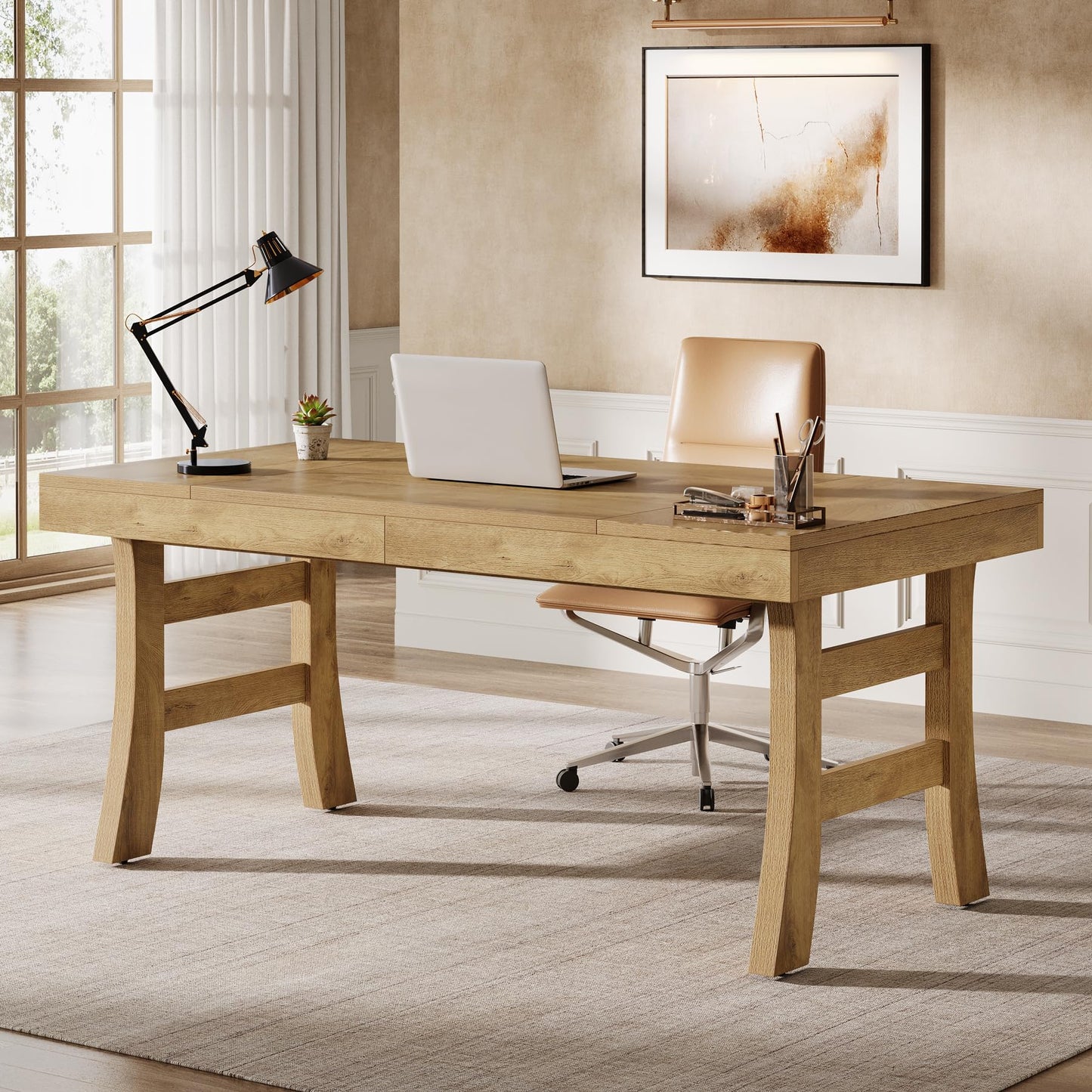 Tribesigns 63-Inch Executive Desk, Large Office Computer Desk with Sturdy Legs, Farmhouse Simple Workstation Writing Study Table for Home Office, Light Brown