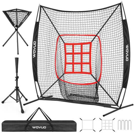 7x7 ft Baseball Net for Batting Pitching Hitting, Softball Pitching Net with Strike Zone, Tee, Ball Caddy, Softball Batting Net Baseball Training Equipment for Kids Adult Youth Sport Practice