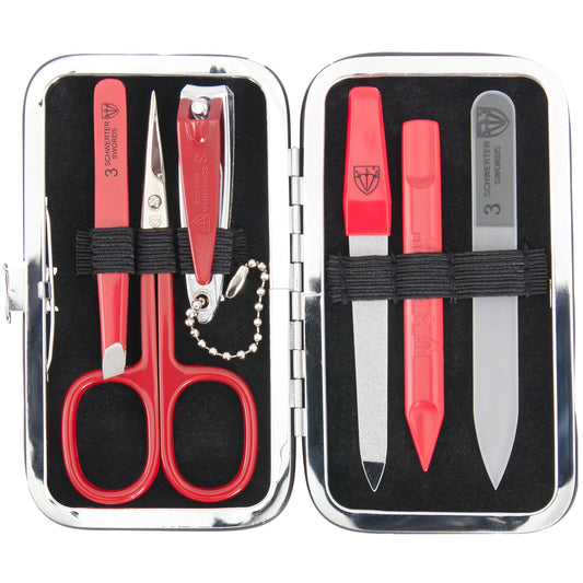 3 Swords Germany - Brand Quality 6 piece Manicure Pedicure Grooming kit Set - Scissors, Metal and Glass Nail File, Clipper, Tweezers with Synthetic Leather case - red/red Tools