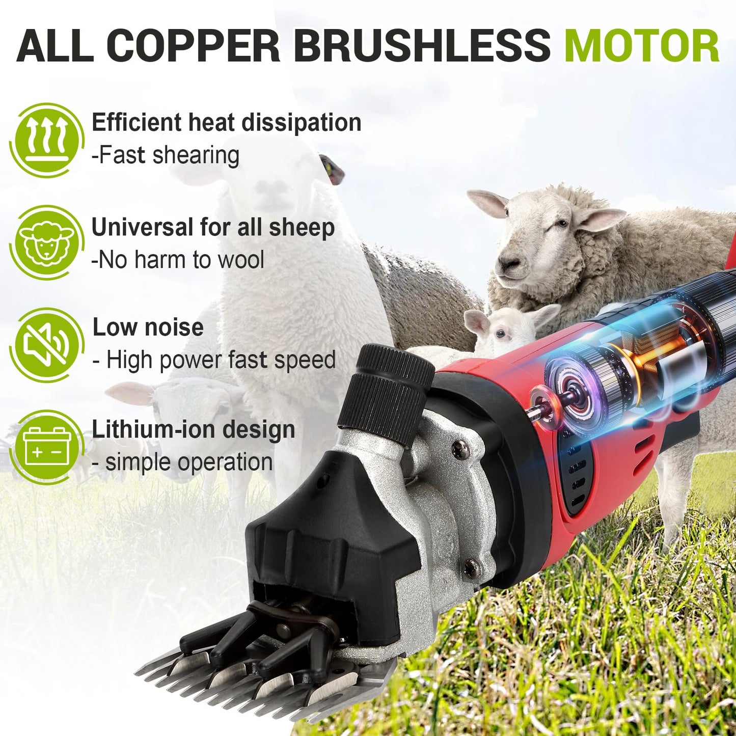 Mokemok Cordless Electric Sheep Shears - 3000mAh Brushless Motor 2000RPM, 6-Speed Adjustable Clippers for Goats, Heavy Duty Rechargeable Grooming Tool with High Hardness Blade & Safety Pressing Claw