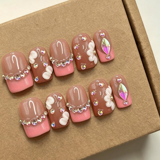 Luxury Press on Nails Short Square Handmade 3D Unique Reusable ABS Material Fake Nails French Tip False Nails with Rhinestones Flower Designs Pink Elegant Glossy Glue on Nail Thick Acrylic Nail(M)