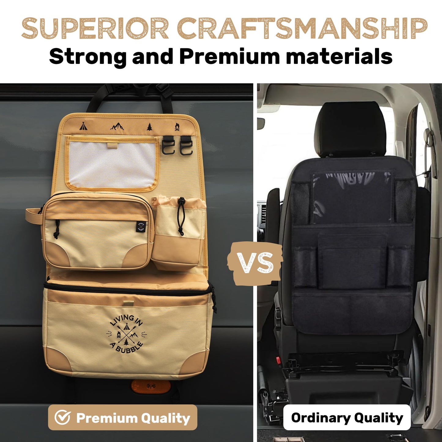 Living in a Bubble Seat back Organizer – Magnetic Toiletry and Cooler Pouch, Cordura Car Backseat Storage with Device Holder & Hooks, Multi-Compartment Utility Bag for Campervans & Family Travel