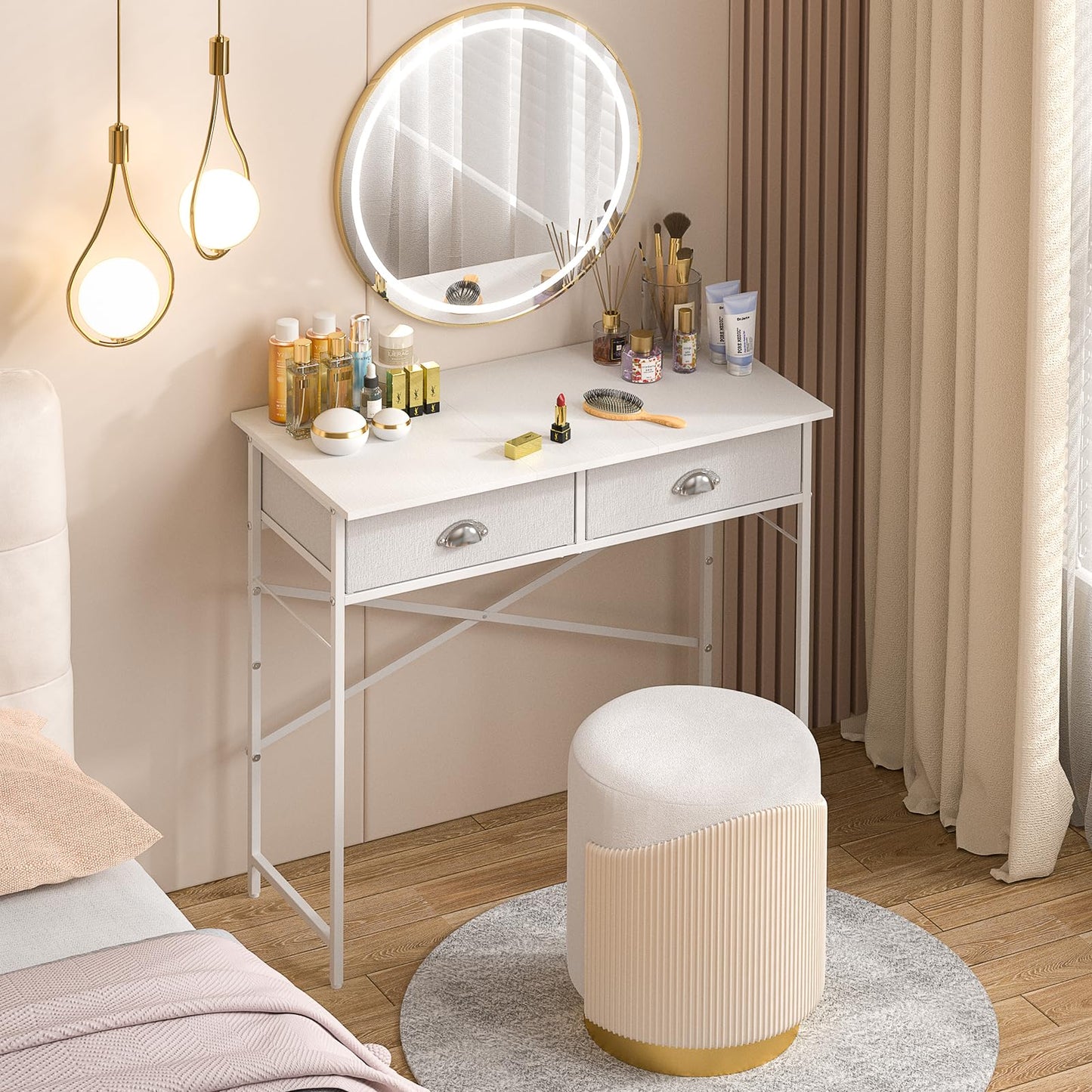 DAOUTIME Small Writing Desk for Kids Bedroom, 31.5 Inch White Computer Desk for Small Spaces, Simple Desk with 2 Fabric Drawers for Home Office, Dorm, Living Room, Home Study Table, White