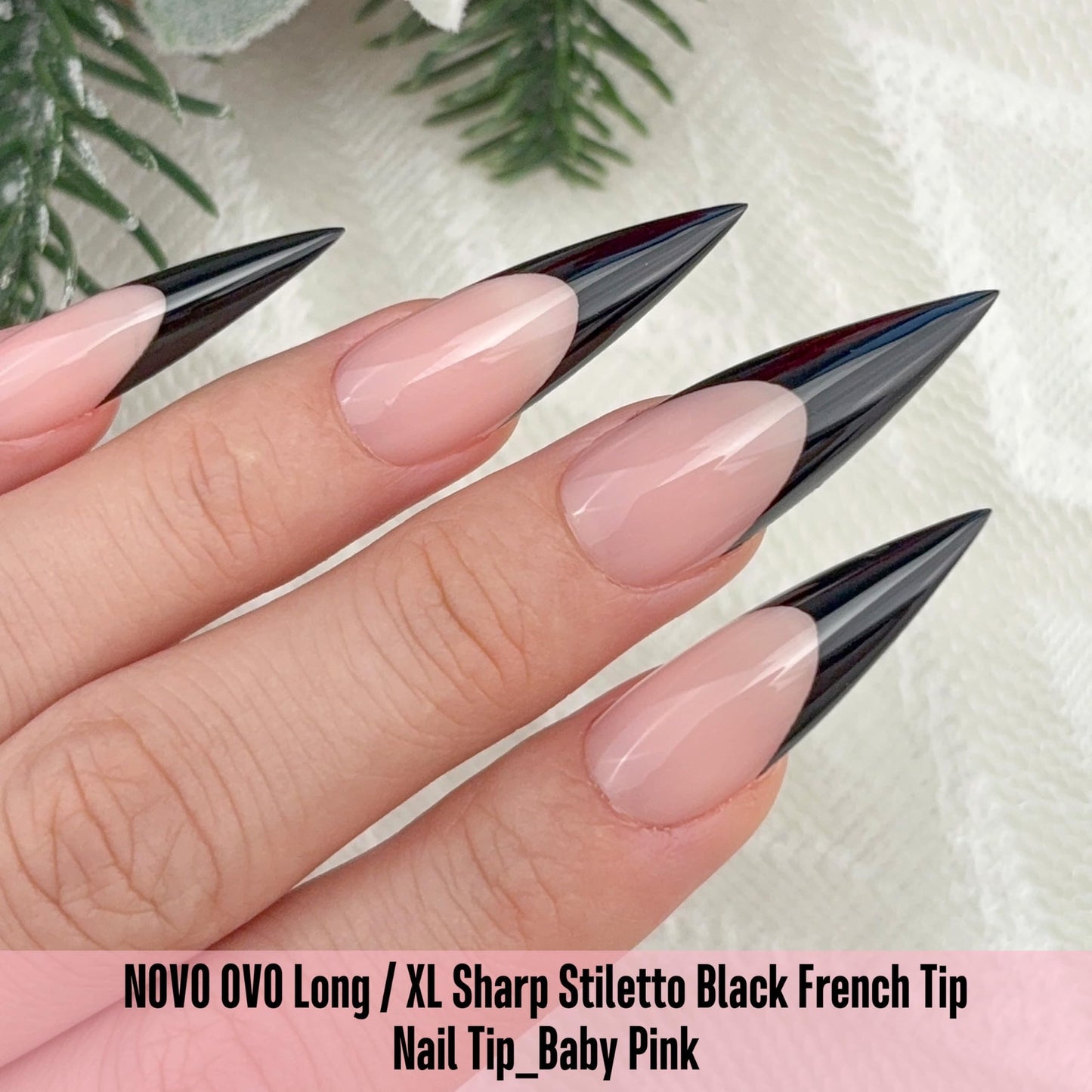 NOVO OVO Black French Tip Long XL Sharp Stiletto Nail Tips Press on BABY PINK, Soft Gel Double Matte Fake Nail Extension, Full Cover False Nails for Acrylic DIY x 16 Sizes 160 pcs