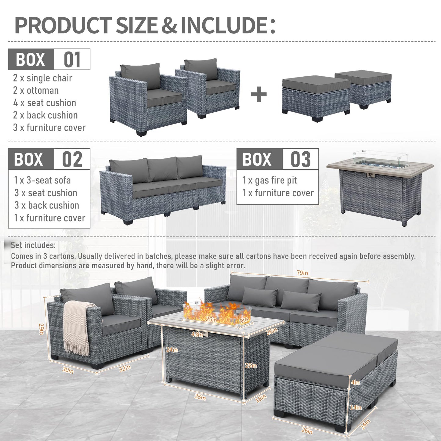 Lviden 6 Pieces Wicker Patio Furniture Sets Outdoor Conversation Set HDPE Rattan Sectional Sofa Couch with 45" Fire Pit Table and Grey Cushions