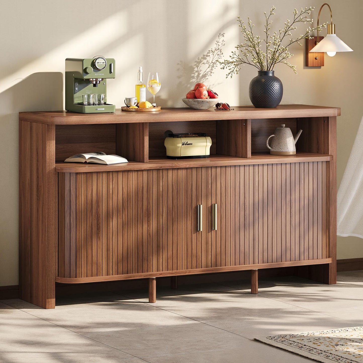 IRONCK 55" Sideboard Buffet Cabinet with Storage, Fluted Credenza with Sliding Door & Open Shelf, Mid Century Modern Accent Coffee Bar Console Table for Kitchen, Living Room, Entryway, Walnut