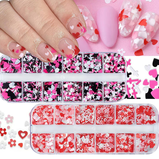 2 Box Pink Nail Art Glitter Valentine's Day Nail Sequins Flakes with Heart Star Design Manicure Fine Glitter Flower Nail Stickers Decals Supplies Nail Charms for Women DIY Nail Art Decorations