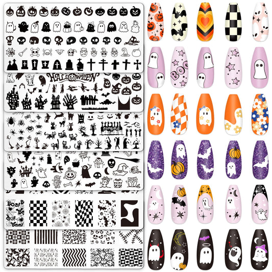 Whaline 6Pcs Halloween Nail Plates Stamping Set Pumpkin Ghost Skull Stamp Templates Nail Art Plates for DIY Print Manicure Salon Design Gift