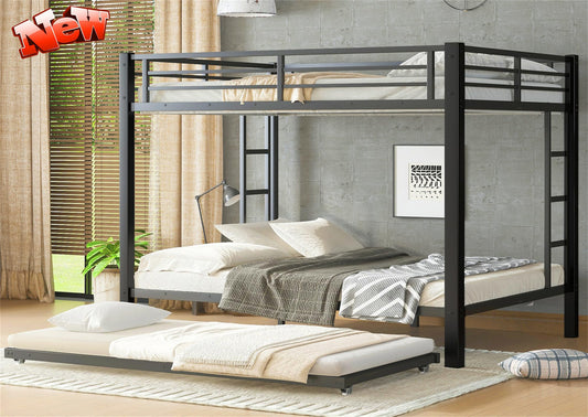 STERXONE Upgraded Version Thicken Metal Heavy Duty Queen Over Queen Bunk Bed with Twin Size Trundle, Stronger Steel Bunk Bed with Ladder for Adults, Easy Assembly (Queen Over Queen)