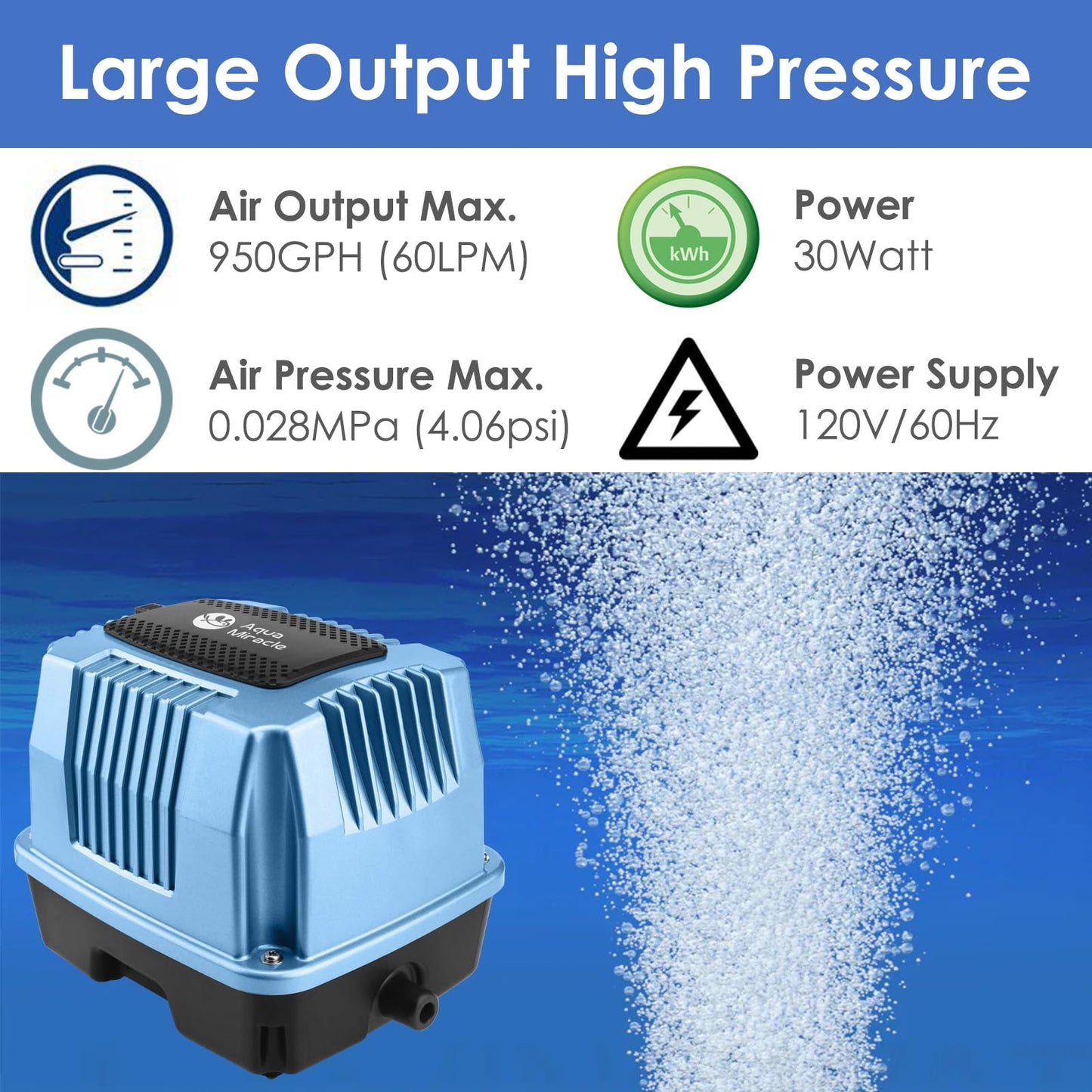 AquaMiracle Super Powerful Linear Air Pump AP-60 Pond Aerator, 950GPH Koi Pond Air Pump Septic Aerator, for Hydroponic, Waste Treatment, Fish Farm, Seafood Restaurant